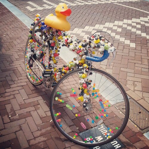Bicycle decorated with rubber duckies